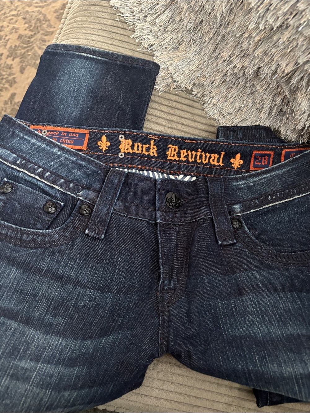 Rock Revival Slim Fit Dark Blue Jeans with Orange Trim